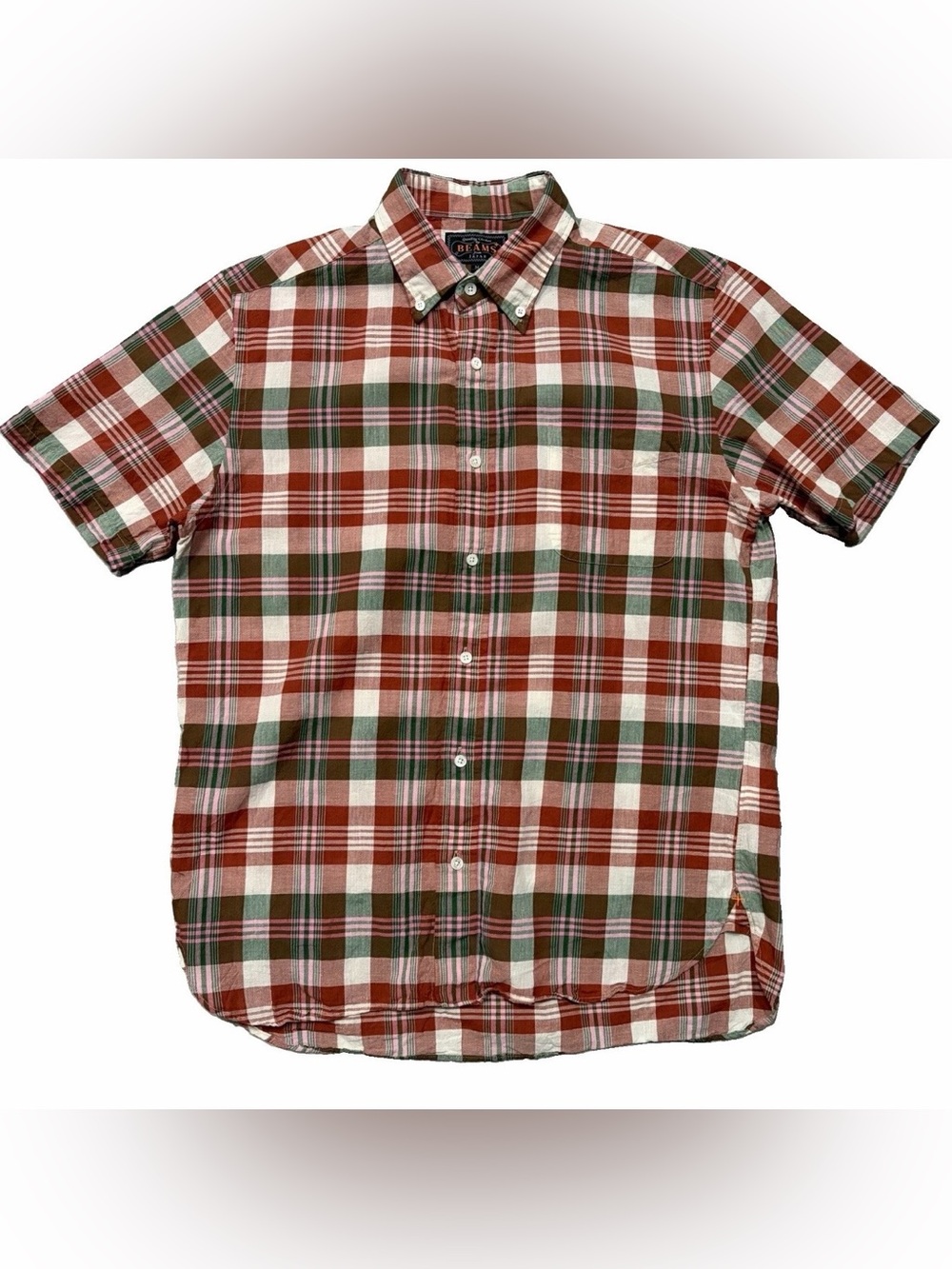 Beams Plus Japan Men's Button Down Short Sleeve Madras Shirt in Brown Size M